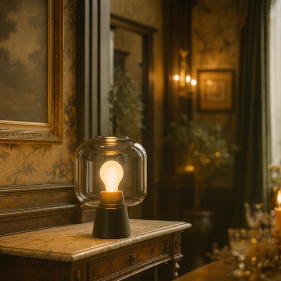 NWT Dusk Dawn Smoked Glass Drum Table Lamp Nordic Style - Picture 1 of 7